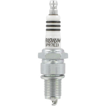 NGK BPR7EIX Iridium IX spark plug with ultra-fine iridium electrode, showing the detailed metal tip and ceramic insulator.