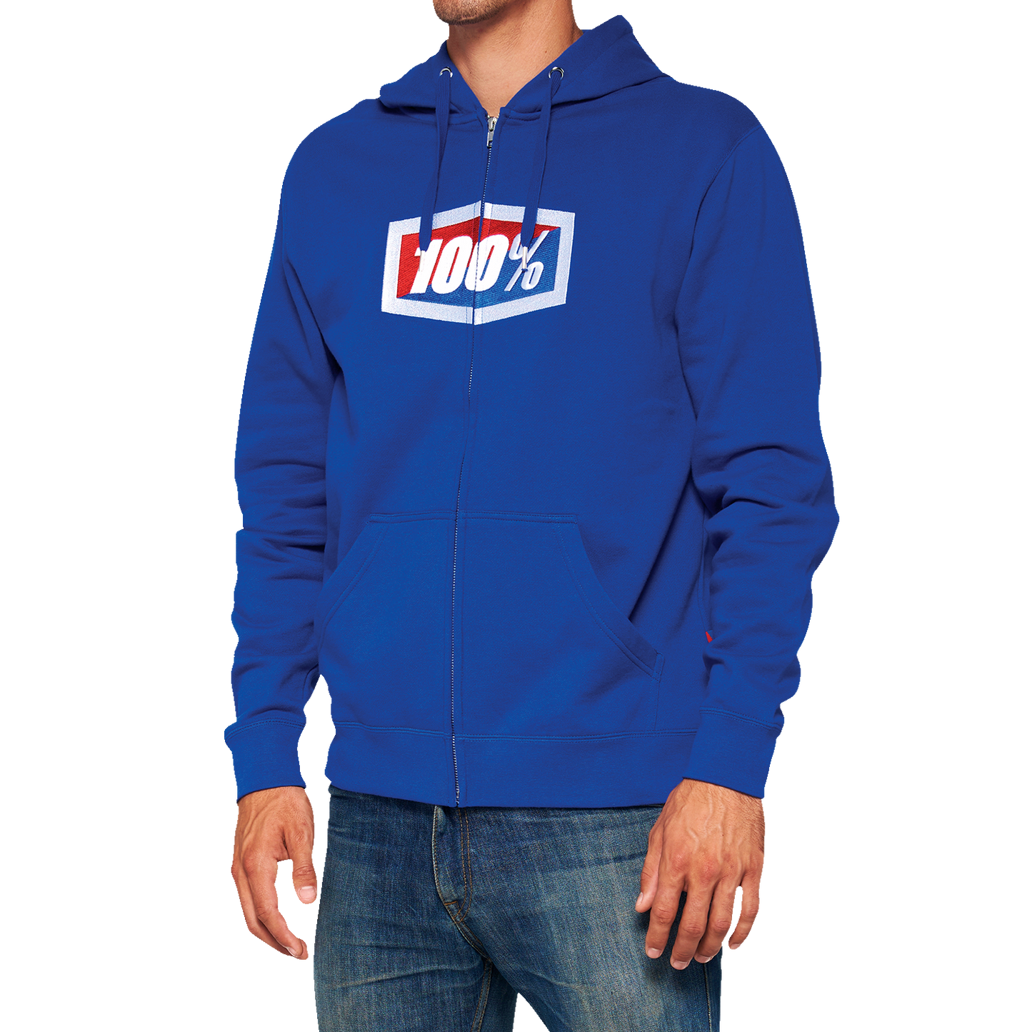 Bill's Exhausts royal fleece zip-up hoodie, medium size, front view showing the soft fabric and full-length zipper.