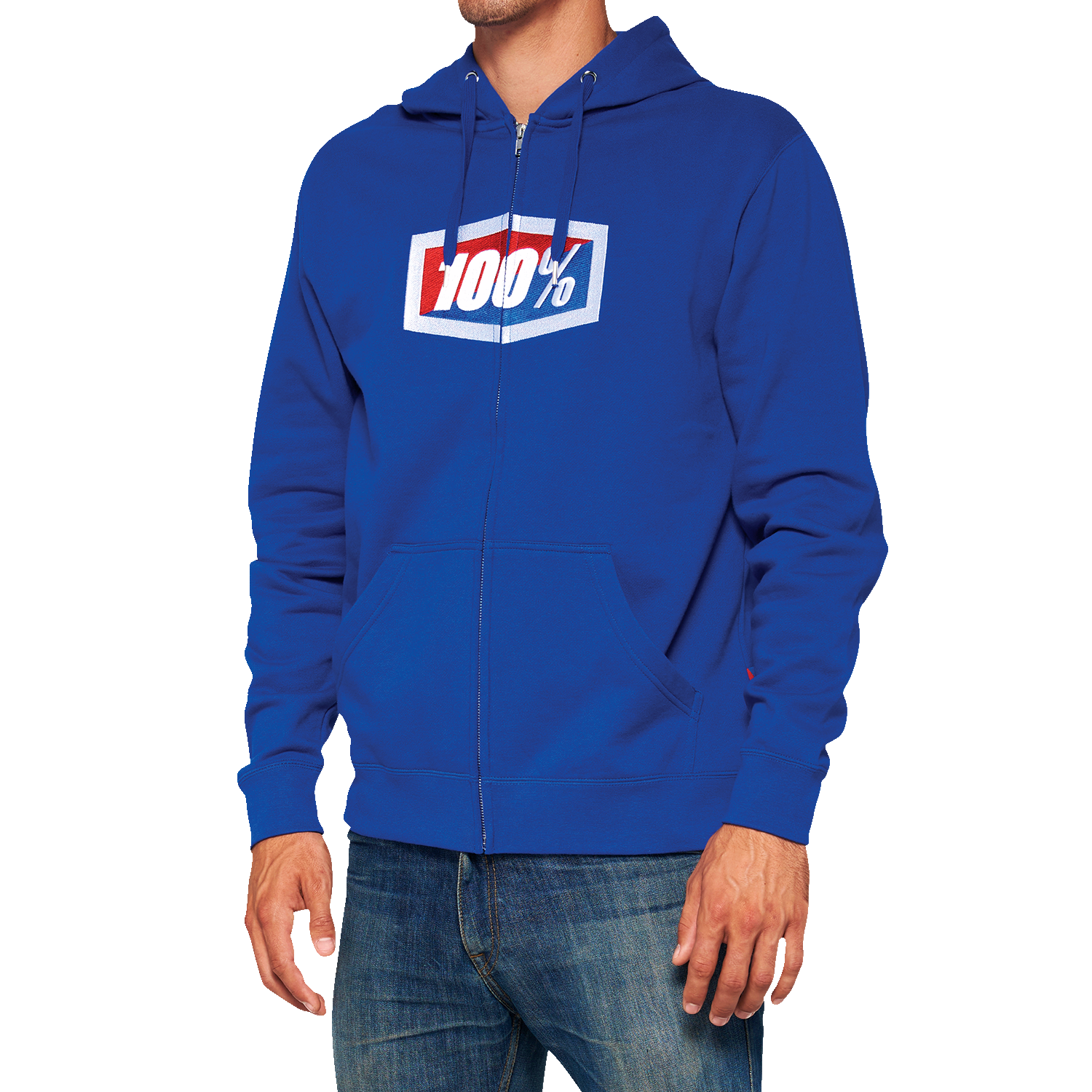 Bill's Exhausts royal fleece zip-up hoodie, medium size, front view showing the soft fabric and full-length zipper.