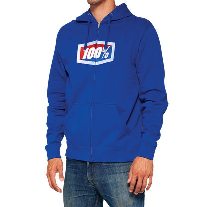 Bill's Exhausts royal fleece zip-up hoodie, medium size, front view showing the soft fabric and full-length zipper.