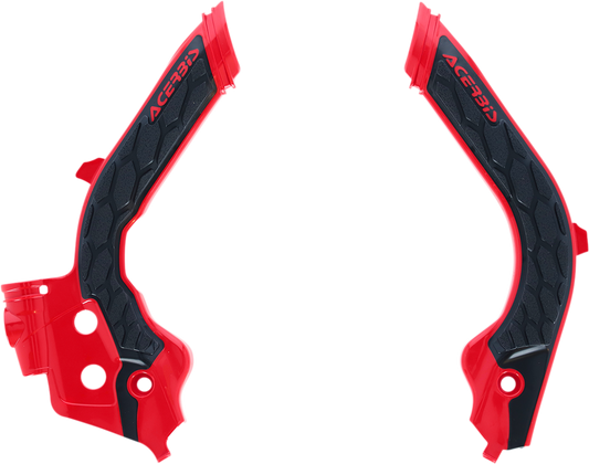 Acerbis X-Grip frame guards in red and black for motorcycle protection, featuring durable body coverage and branding details.