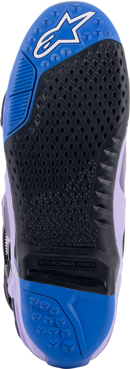 Alpinestars Tech 10 motorcycle boots in laser purple with US size 9, featuring protective design and durable construction.