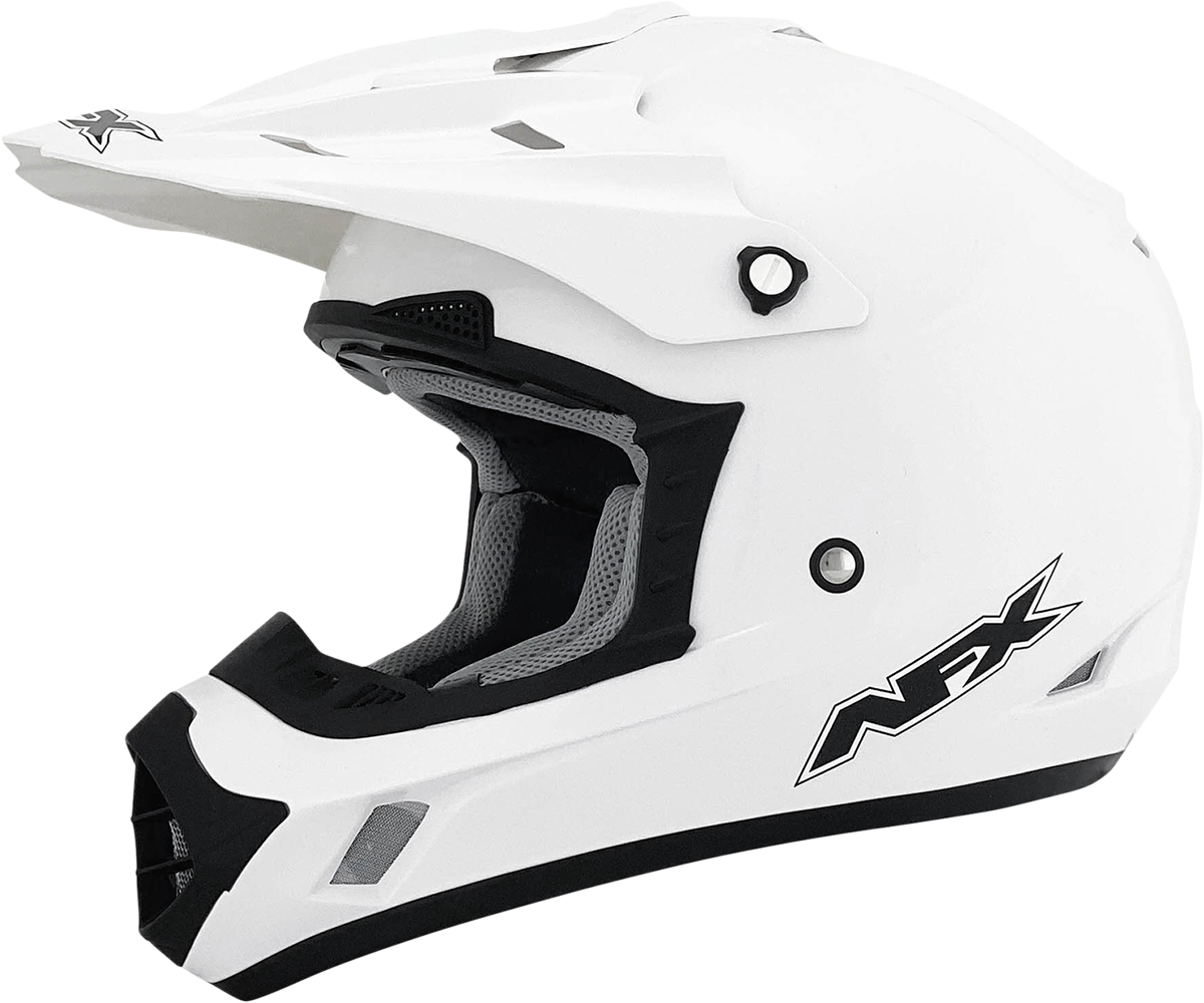 White AFX FX-17 helmet in 4XL size with sleek design, featuring a secure chin strap and ventilation openings.