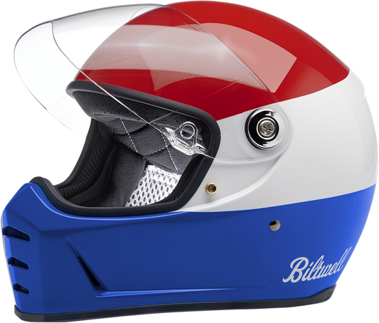 Biltwell Lane Splitter motorcycle helmet in Gloss Podium Red, white, and blue, size XS, with sleek aerodynamic design.
