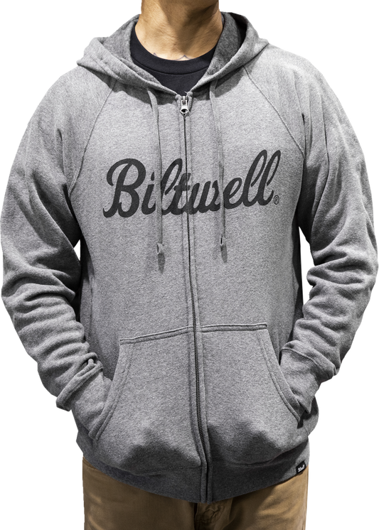 Bill's Exhausts BILTWELL Script zip-up raglan hoodie in Heather Gray, small, featuring logo and casual hooded design.