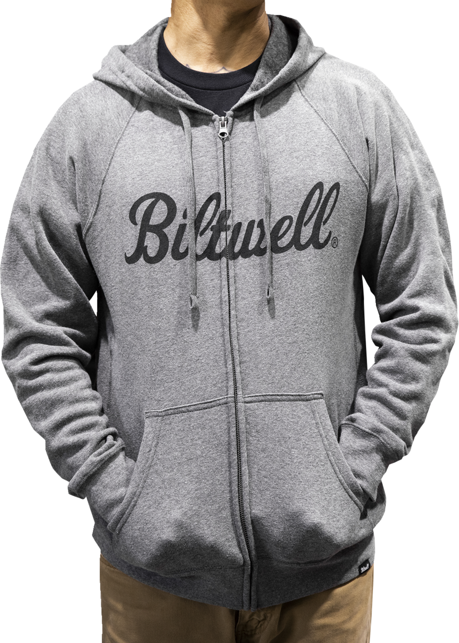 Heather gray BILTWELL Script zip-up raglan hoodie by Bill's Exhausts, medium size, with front zipper and branded script design.