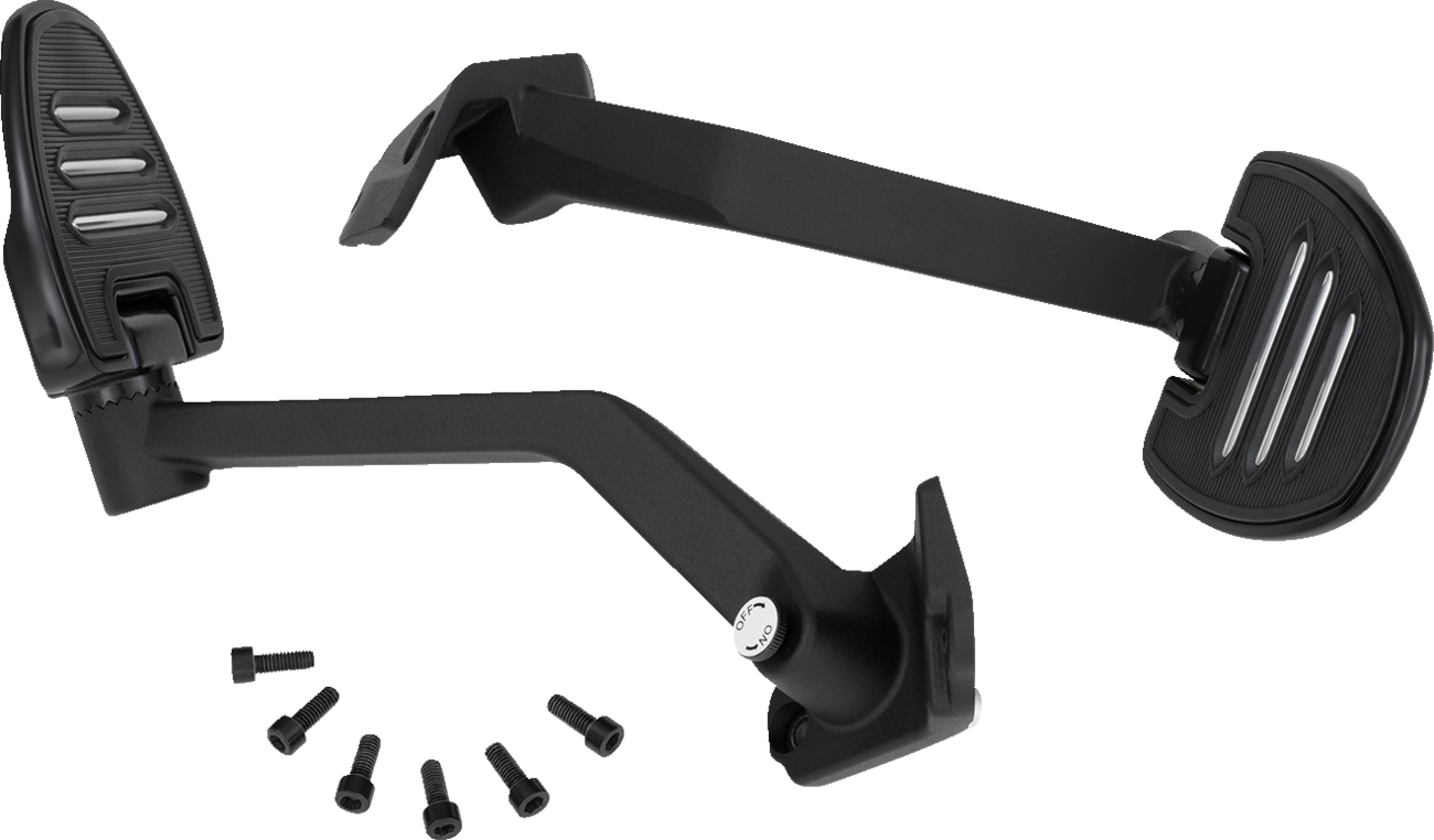 Bill's Exhausts Show Chrome Adjustable Passenger Boards for engine, black finish, with mounting hardware visible in the image.