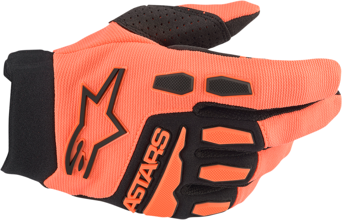 Alpinestars Youth Full Bore motorcycle gloves in orange and black, large size, with protective knuckles and finger reinforcements