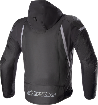 Alpinestars Zaca waterproof jacket in black and gray, XL size, showing front view with hood and waterproof material.