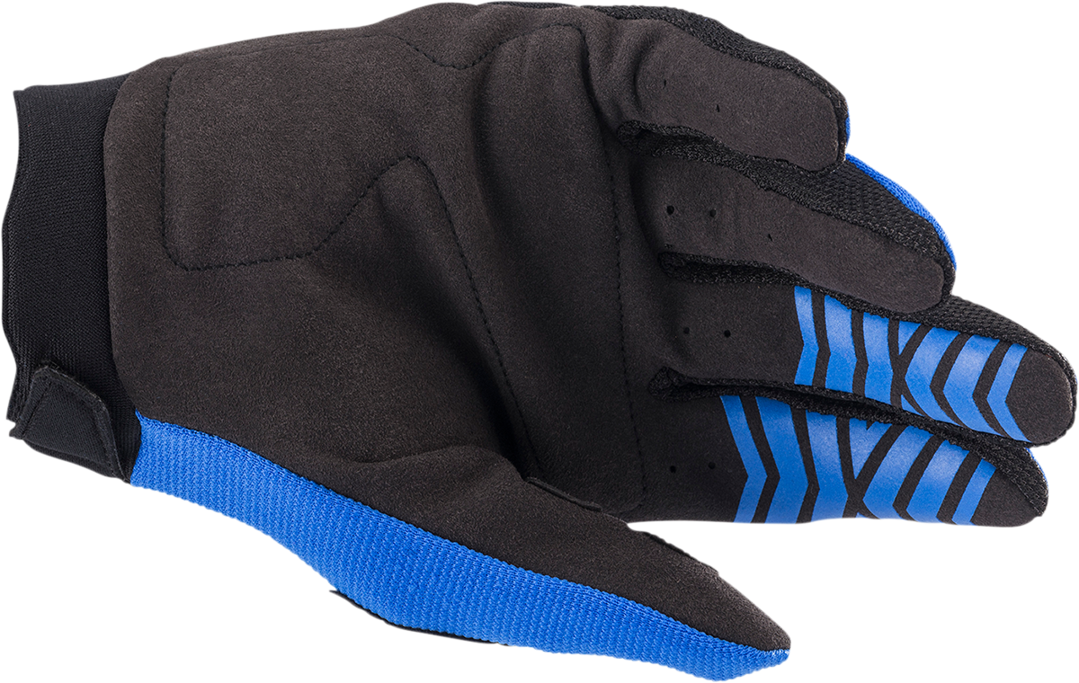 Alpinestars Youth Full Bore motorcycle gloves in blue and black, large size, showing reinforced knuckles and palm details.