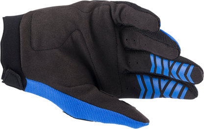 Alpinestars Youth Full Bore motorcycle gloves in blue and black, large size, showing reinforced knuckles and palm details.