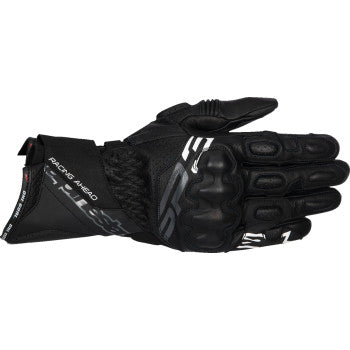 Alpinestars SP-3 black motorcycle gloves, large size, showing reinforced knuckles and textured palm for grip.