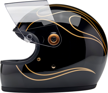 Bill's Exhausts BILTWELL Gringo S helmet in gloss black with flame design, size XL, featuring a sleek, protective motorcycle helmet appearance.