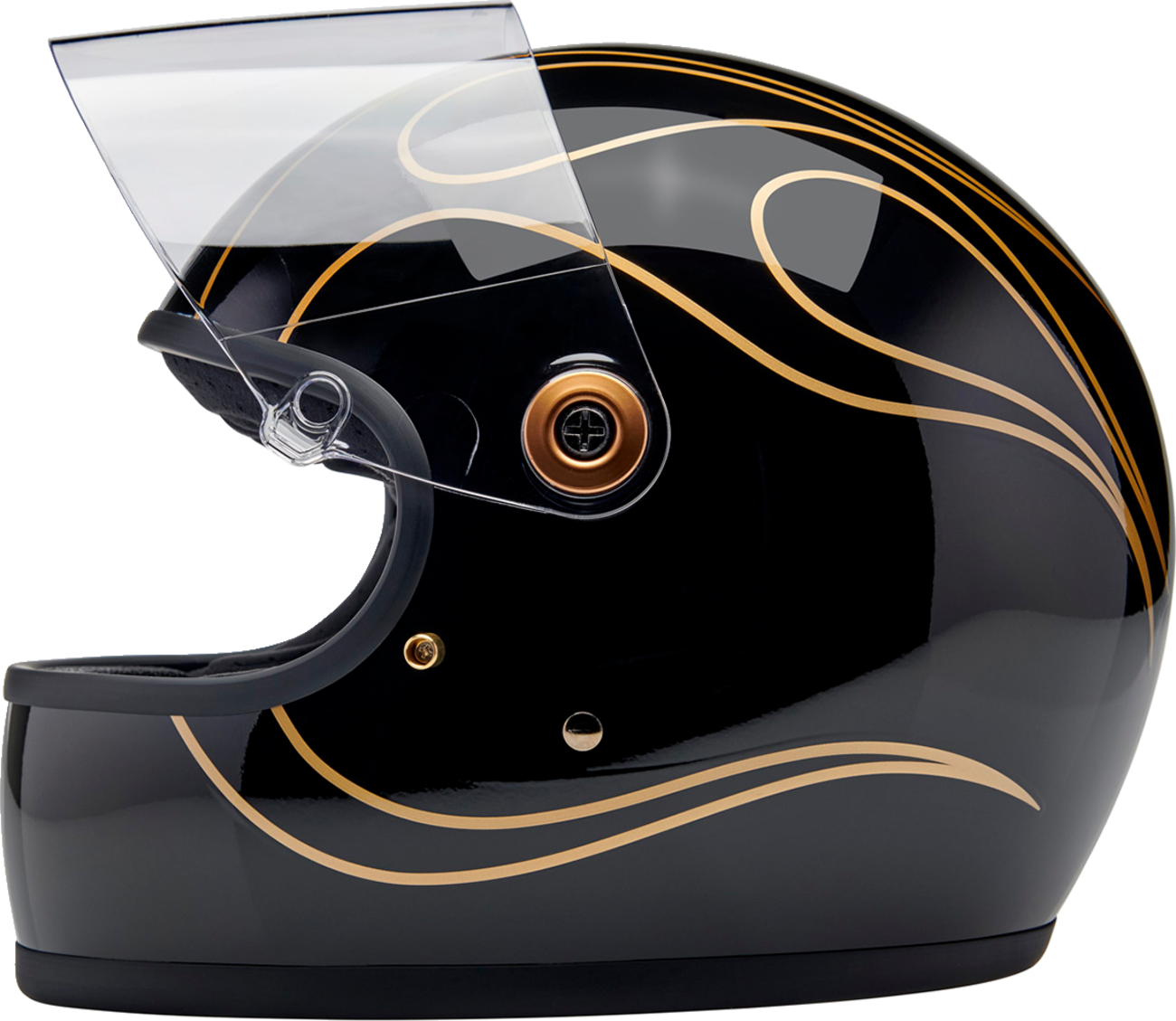 BILTWELL Gringo S helmet in gloss black with flame design, small size, showcasing the stylish motorcycle helmet with vibrant flames.