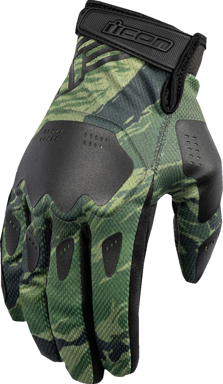 Green ICON Hooligan™ Tiger's Blood gloves in large size, featuring a bold tiger stripe design by Bill's Exhausts.