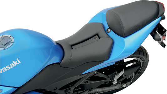 Black SADDLEMEN Gel Channel Track Carbon Fiber Sport Seat for Kawasaki ZX10R motorcycle, designed for enhanced comfort and lightweight performance.