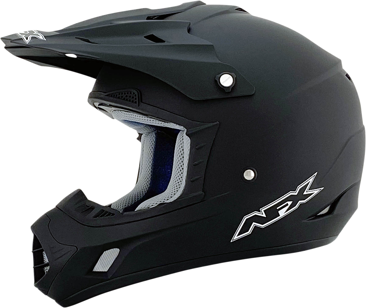 Matte black AFX FX-17 motorcycle helmet in XS size, featuring a sleek design and ventilation openings.