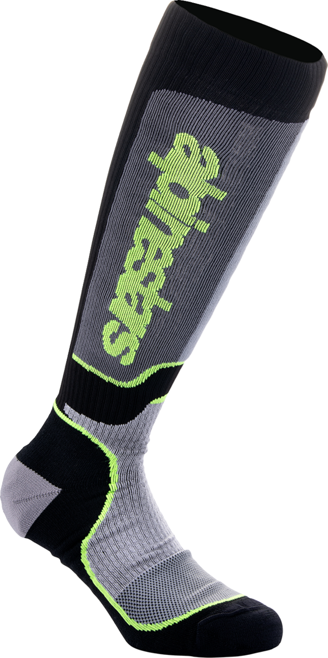 Alpinestars MX Plus motorcycle socks in black, gray, and yellow, size large, featuring breathable fabric and padded support.