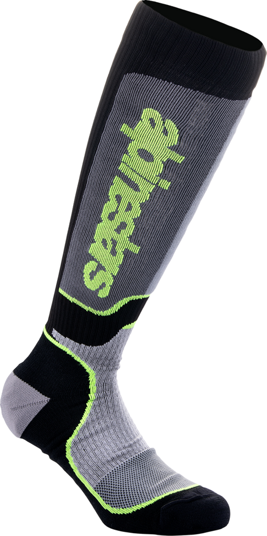 Alpinestars MX Plus motorcycle socks in black, gray, and yellow, size large, featuring breathable fabric and padded support.