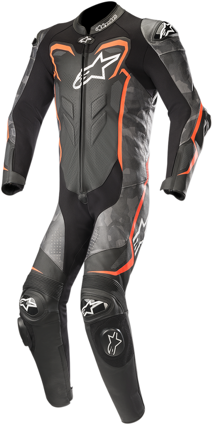 Alpinestars GP Plus v2 Camo black, charcoal, red fluorescent leather motorcycle suit, US 38 / EU 48, displayed on a plain background.