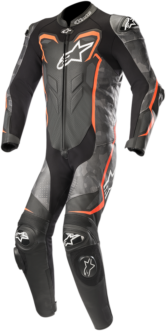 Alpinestars GP Plus v2 Camo 1-piece leather suit in black, charcoal, and red fluorescent, US 50/EU 60, displayed on a plain background.