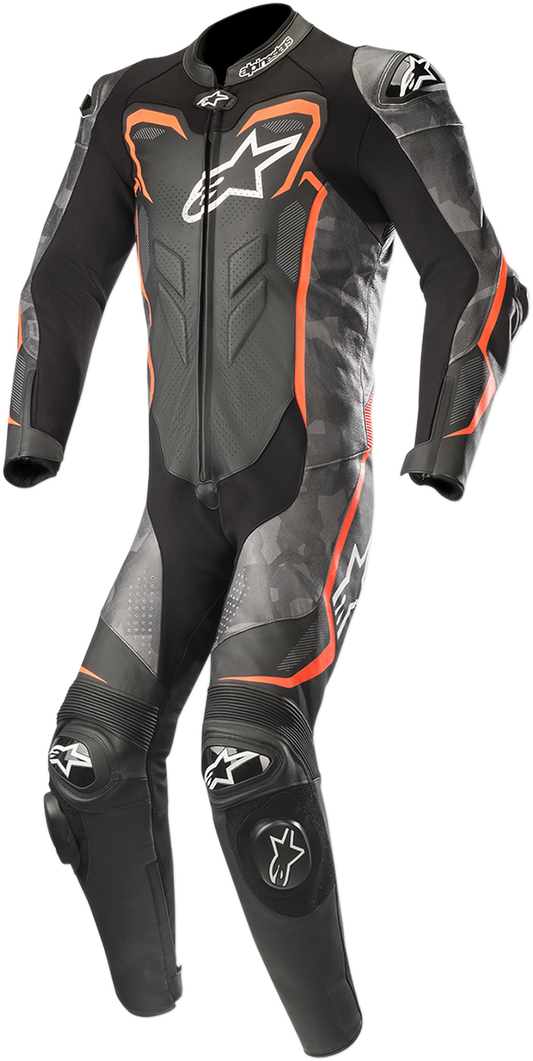 Alpinestars GP Plus v2 Camo 1-piece leather suit in black, charcoal, and red fluorescent, US 50/EU 60, displayed on a plain background.
