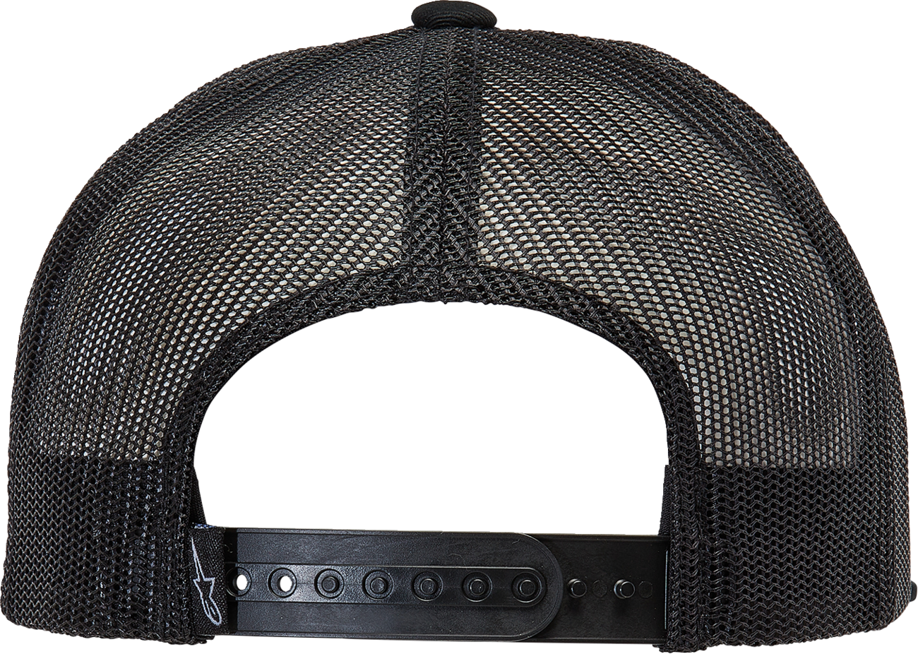 Black ALPINESTARS Bolt Trucker Hat with mesh back and embroidered logo, one size fits all, casual sports style.