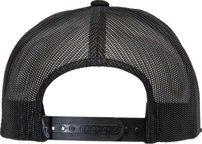 Black ALPINESTARS Bolt Trucker Hat with mesh back and embroidered logo, one size fits all, casual sports style.
