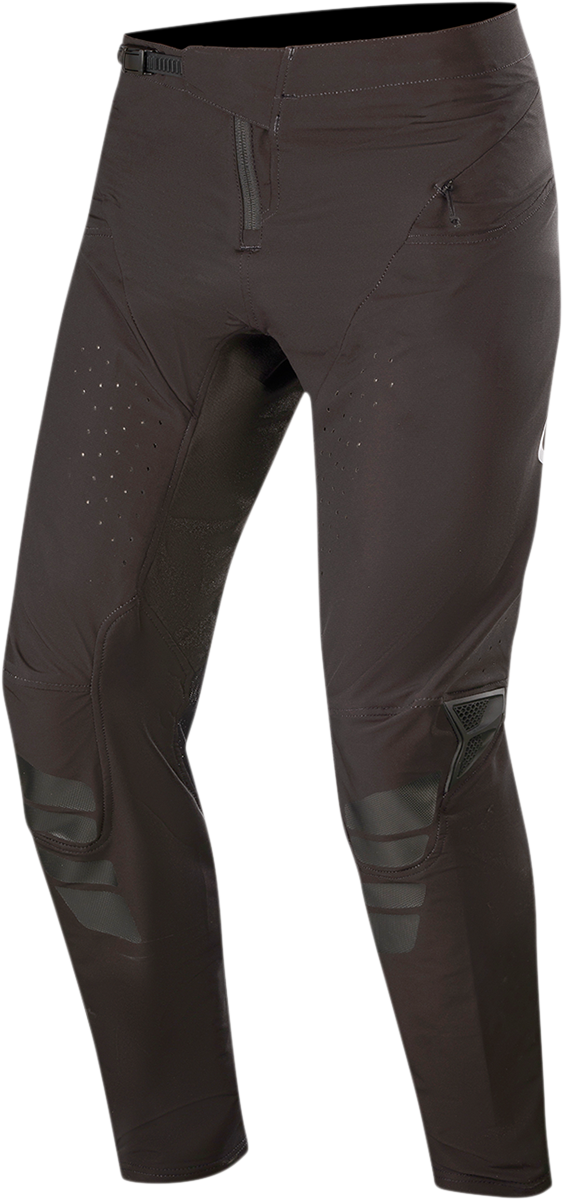 Black Alpinestars Techstar pants for motocross, US size 32, with reinforced knee areas and technical fabric details.
