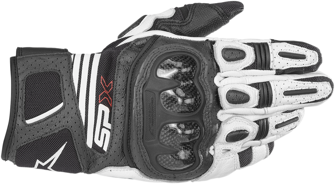 Black and white ALPINESTARS SPX AC V2 motorcycle gloves in 2XL size, featuring protective padding and durable construction.