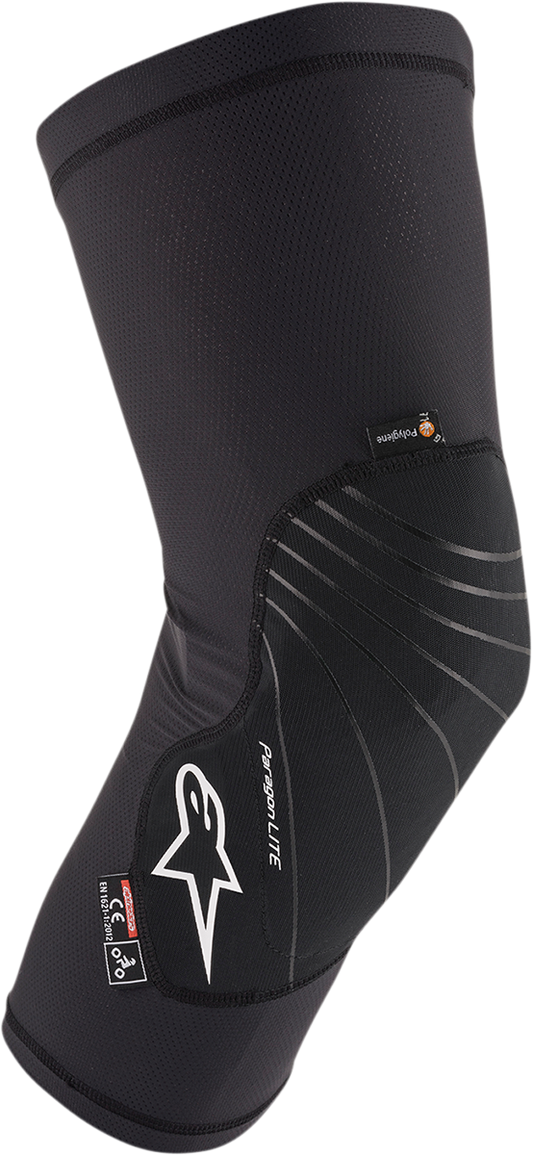 Alpinestars Paragon Lite Knee Guards in black, small size, with protective padding and adjustable straps for motorcycle safety.