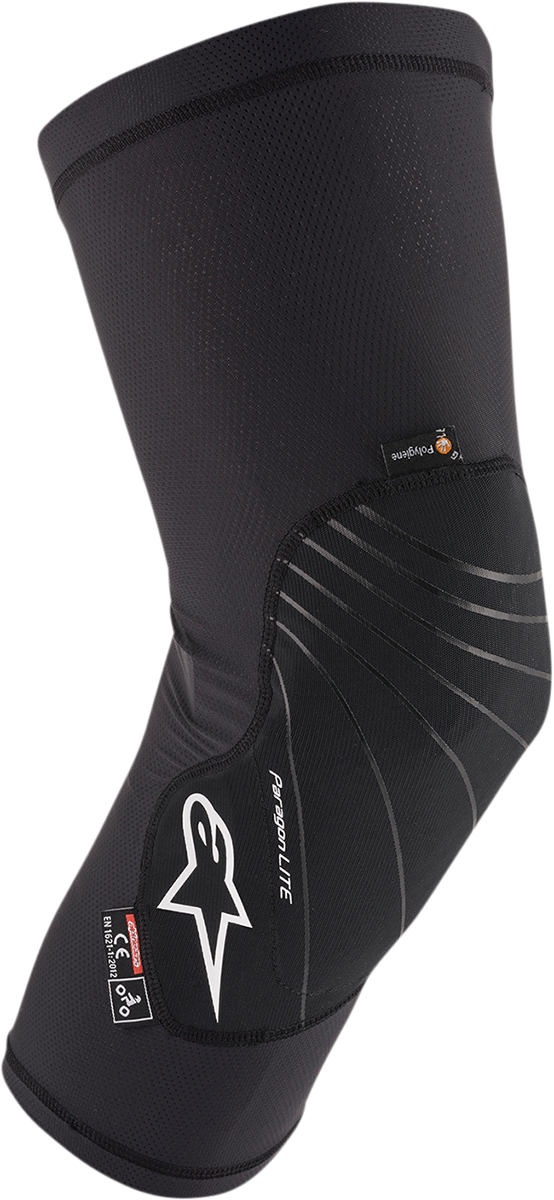 Alpinestars Paragon Lite Knee Guards in black with protective padding, designed for motorcycle riding, shown in medium size.