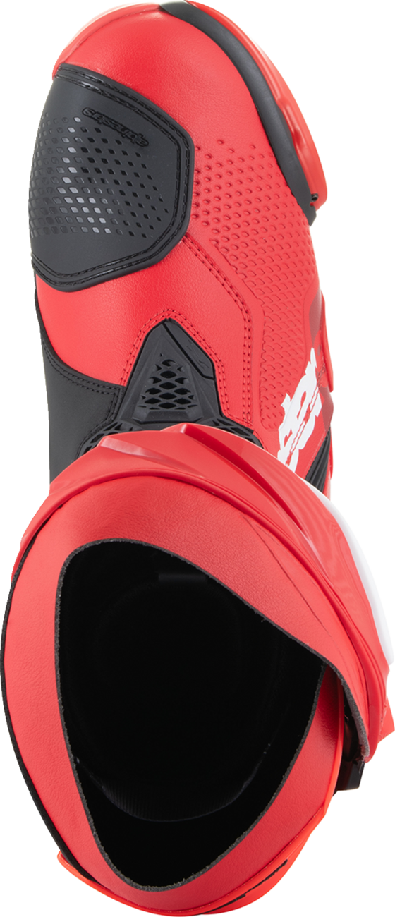 Alpinestars Supertech R motorcycle boots in red, US 9.5 / EU 44, with protective design and sporty appearance.