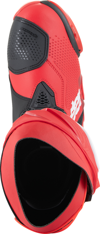 Alpinestars Supertech R motorcycle boots in red, US 9.5 / EU 44, with protective design and sporty appearance.