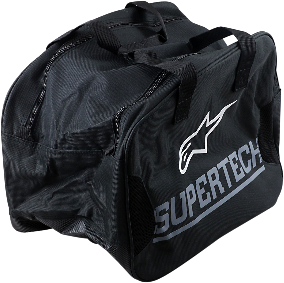 Black ALPINESTARS Supertech helmet bag for S-M10 helmets, featuring a sleek design, durable material, and adjustable strap.