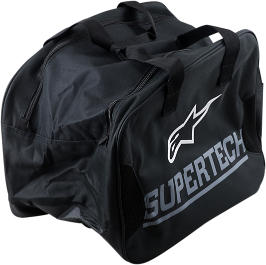 Black ALPINESTARS Supertech helmet bag for S-M10 helmets, featuring a sleek design, durable material, and adjustable strap.