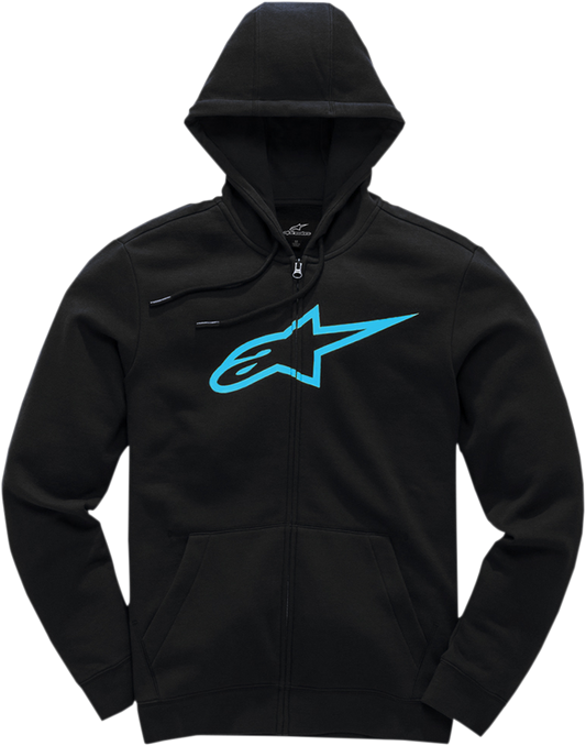Black and turquoise Alpinestars Ageless 2 zip hoodie in 2XL size with front zipper and logo details.