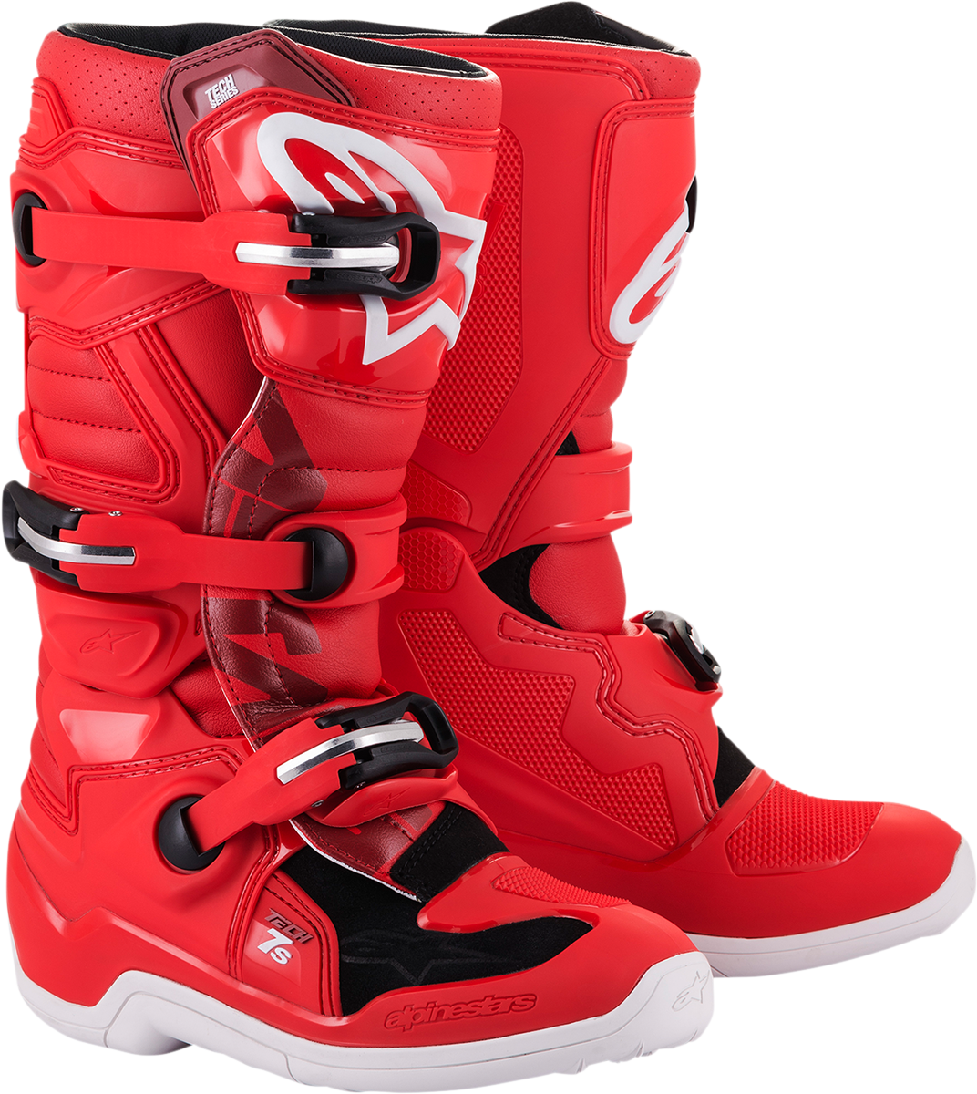 Alpinestars Youth Tech 7S motorcycle boots in red with black accents, US size 7, designed for young riders.