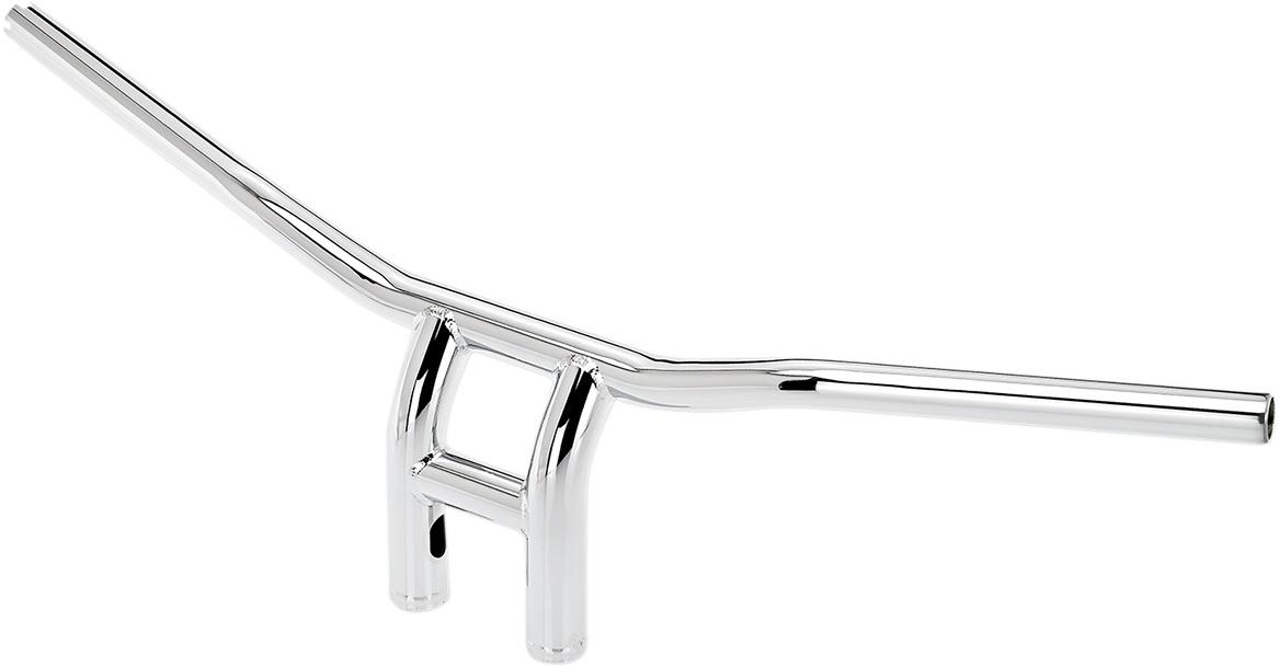 Chrome Biltwell Tyson XL pullback handlebars with 8-inch rise, designed for motorcycles, showing the polished metal finish and ergonomic shape.