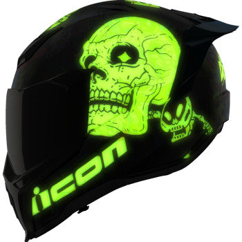 Bill's Exhausts ICON Ultraflite Helmet Doodle 3 MIPS blue medium helmet with colorful doodle design and secure strap visible.