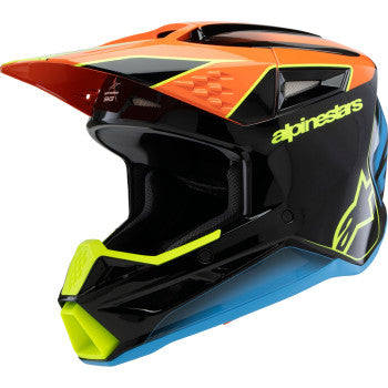 Alpinestars Youth SM3 helmet in gloss black, orange, and yellow fluo with vent details and aerodynamic design.