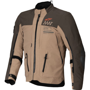 Alpinestars AMT-8 Stretch Drystar XF motorcycle jacket in dark brown and khaki, displayed in a 4XL size.