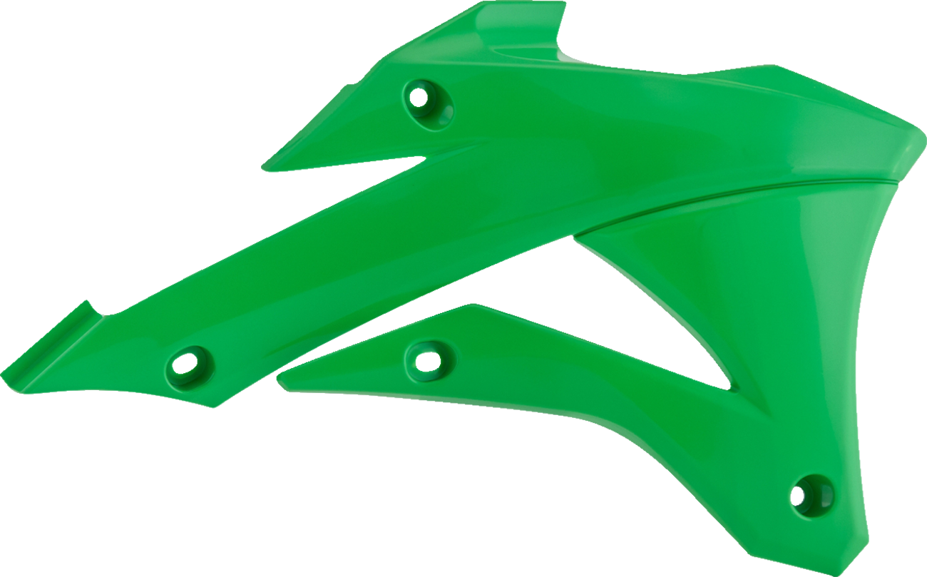 Acerbis green radiator shrouds for motorcycles, mounted on bike body with Bill's Exhausts branding visible.
