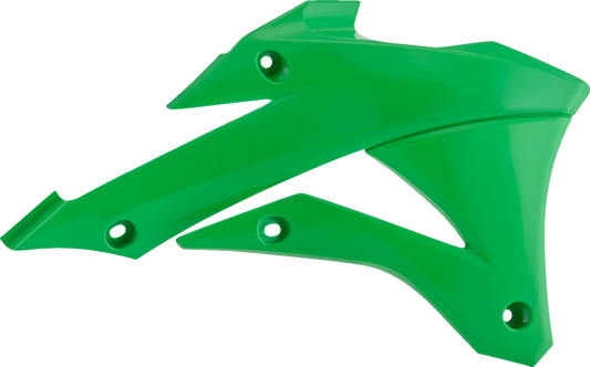 Acerbis green radiator shrouds for motorcycles, mounted on bike body with Bill's Exhausts branding visible.