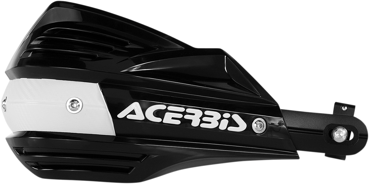 Acerbis X-Factor black handguards for motorcycles, mounted on handlebars, designed to protect hands from debris and weather.