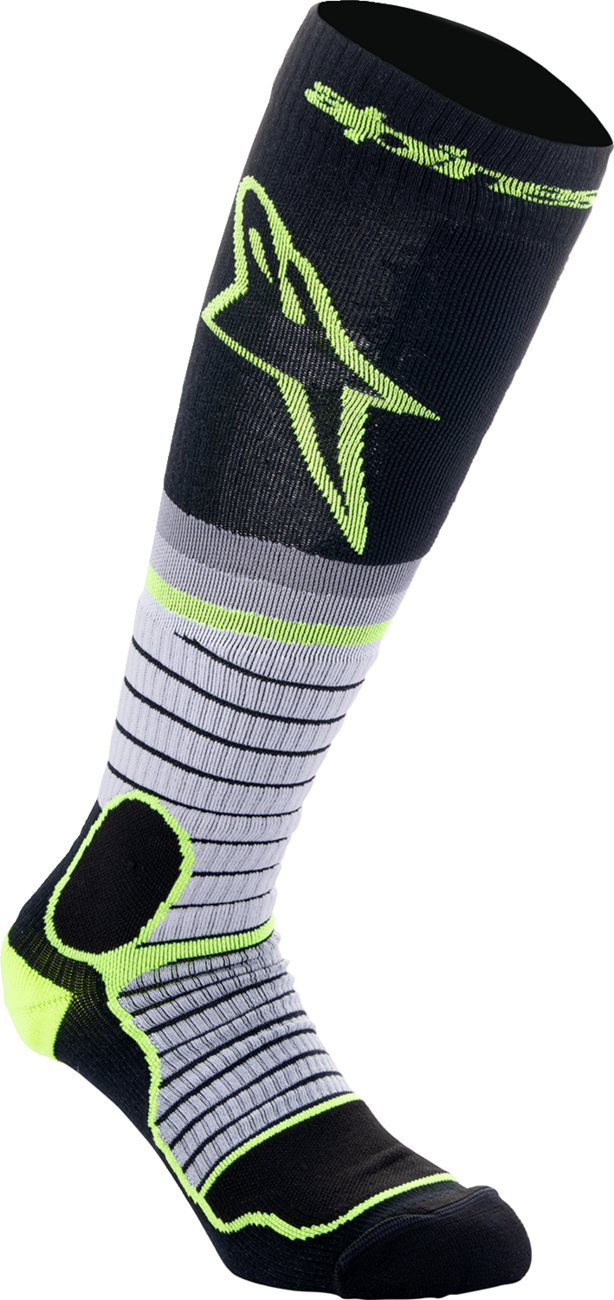 Alpinestars MX Pro motorcycle socks in black, gray, and yellow with medium size, featuring reinforced areas and breathable fabric.