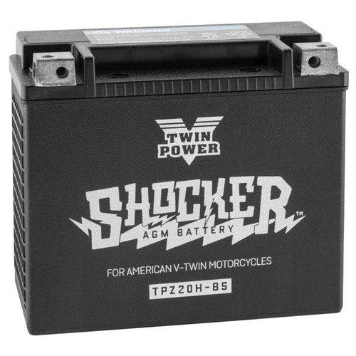 Twin Power Shocker motorcycle battery, equivalent to Yuasa YTX20-BS, with black casing and terminal posts, for reliable power.