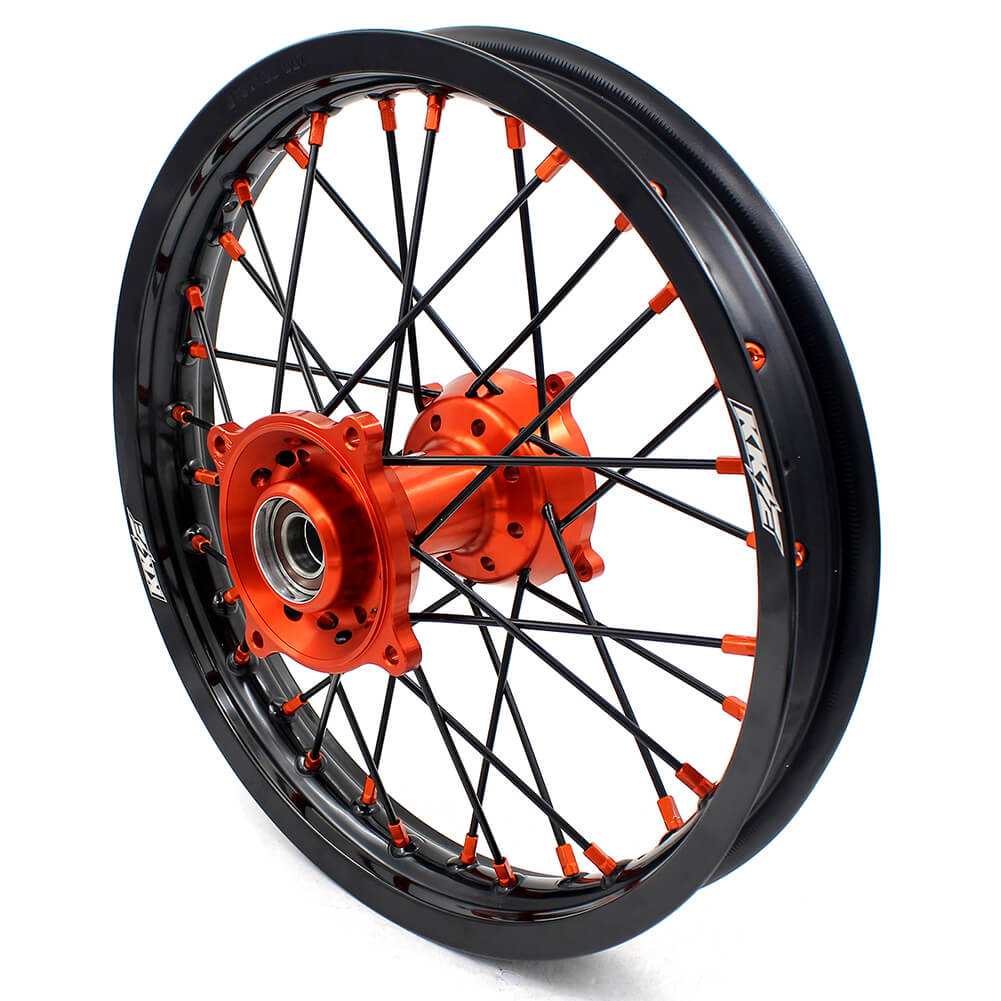 KKE 19"×1.6/16"×1.85 Spoke Kid's Big Wheels Rims Fit KTM SX 85 2003-2020 Orange Nipples & Black Spokes - Howling Moto