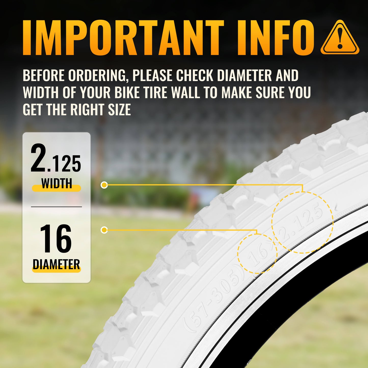 Bicycle tires by Hycline, Bowlite beige and white wall tires, 16-inch and 20-inch sizes, with tread pattern visible
