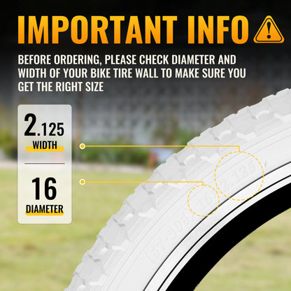 Bicycle tires by Hycline, Bowlite beige and white wall tires, 16-inch and 20-inch sizes, with tread pattern visible